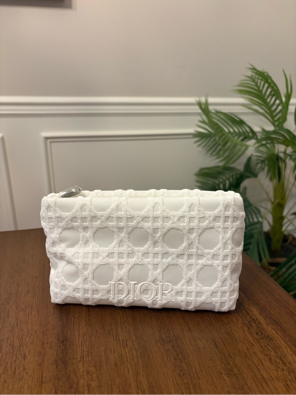 Dior White Textured Quilted Logo Pouch
